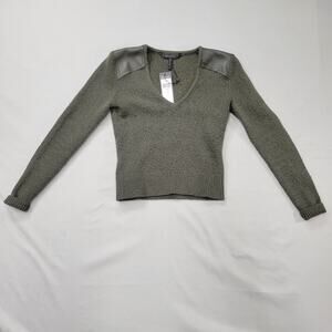 BCBGMAXAZRIA XS Green Knit Sweater Faux Leather Shoulder Panels V-Neck